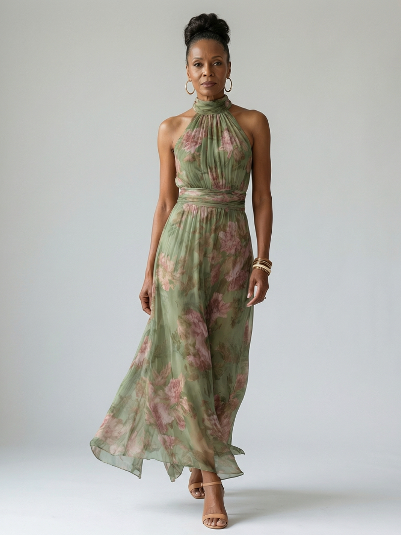MIRELLE | Geplooide Halter Maxi Jurk