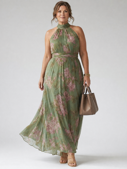 MIRELLE | Geplooide Halter Maxi Jurk