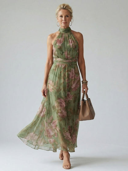 MIRELLE | Geplooide Halter Maxi Jurk