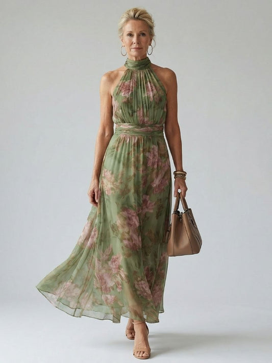 MIRELLE | Geplooide Halter Maxi Jurk