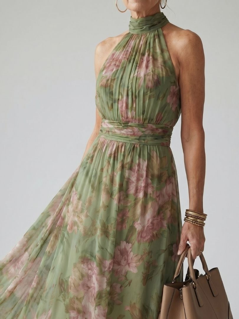 MIRELLE | Geplooide Halter Maxi Jurk