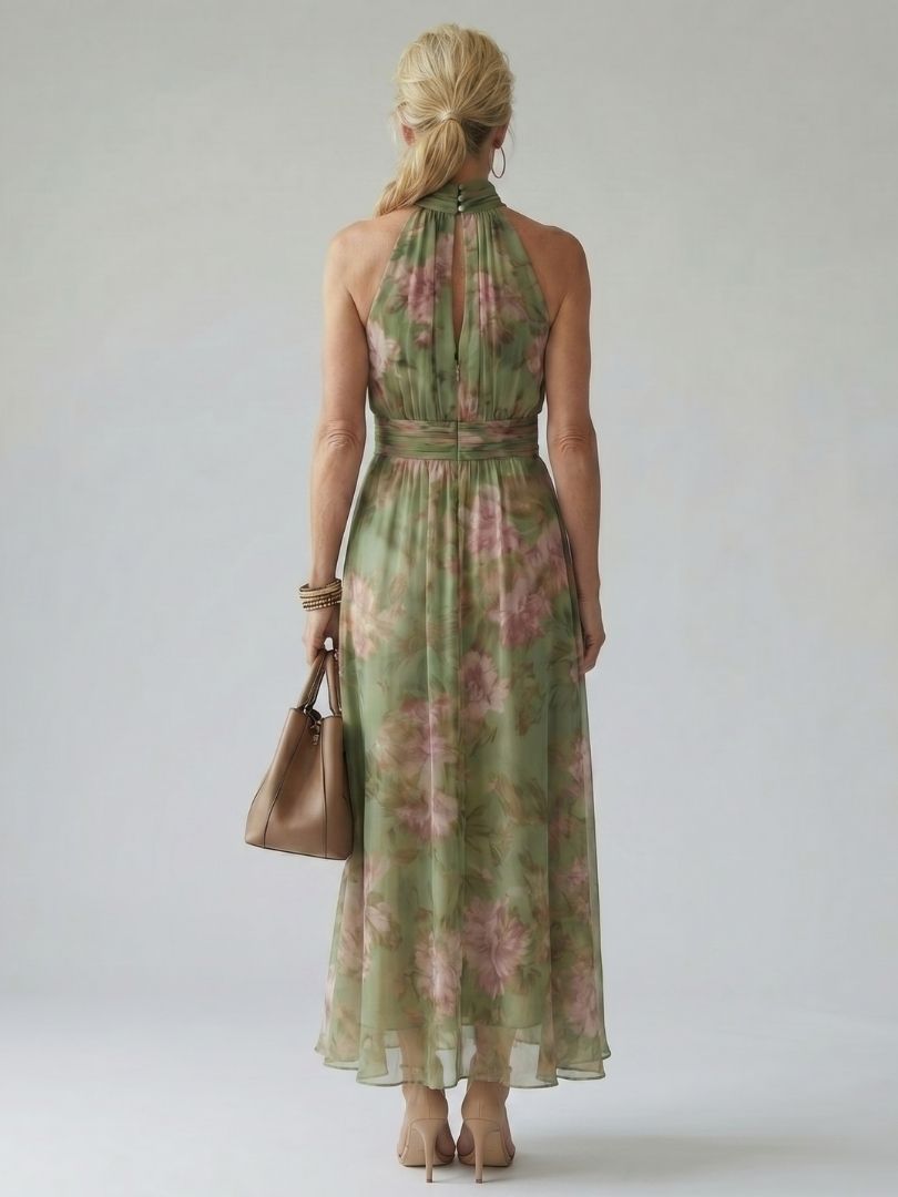 MIRELLE | Geplooide Halter Maxi Jurk