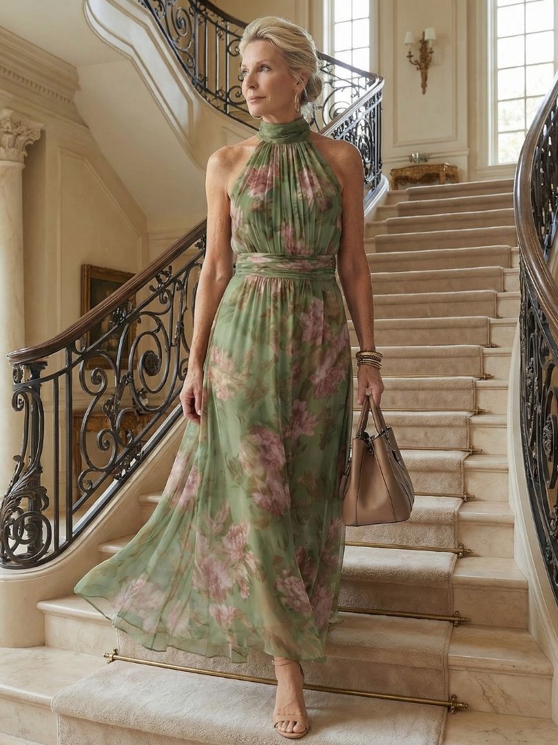 MIRELLE | Geplooide Halter Maxi Jurk