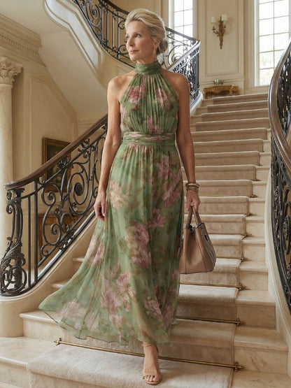 MIRELLE | Geplooide Halter Maxi Jurk