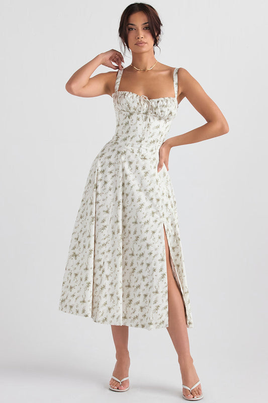 LUCIE | Fit Midi Jurk - Groene Bloemen