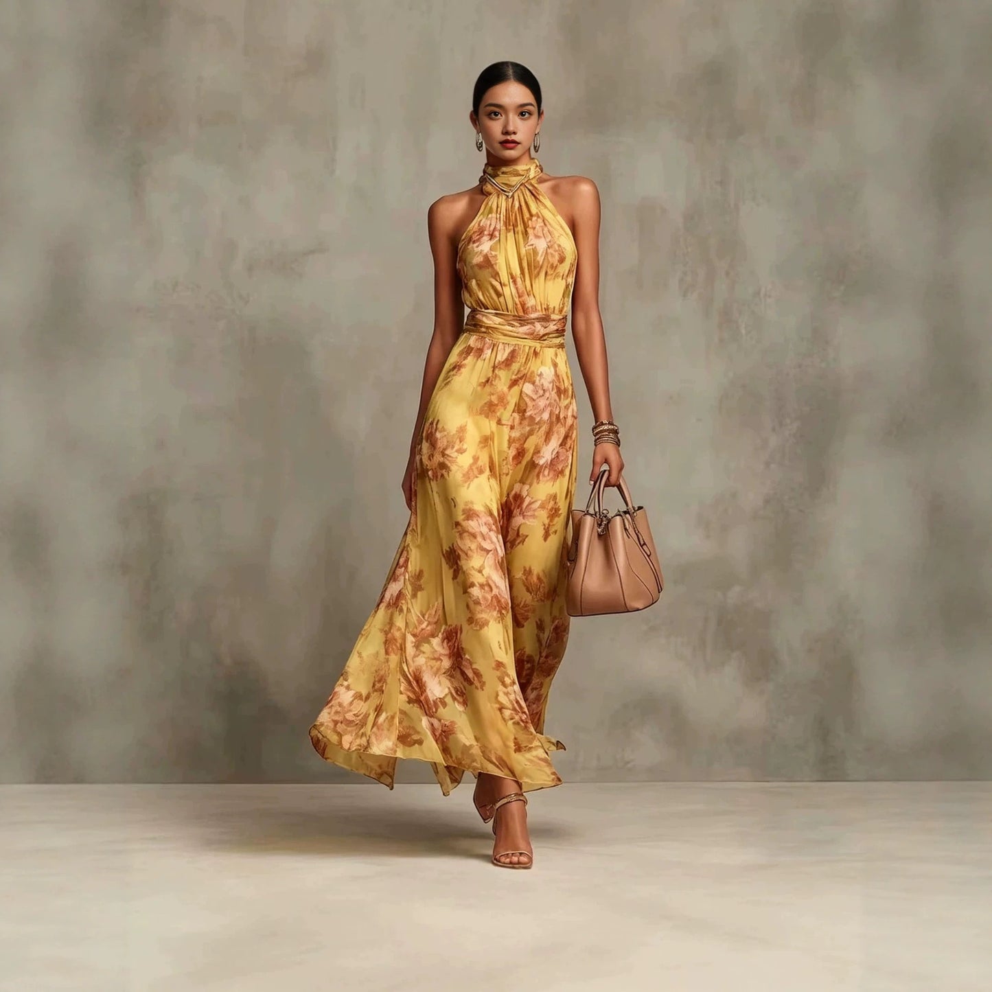 MIRELLE | Geplooide Halter Maxi Jurk