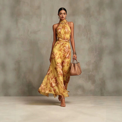 MIRELLE | Geplooide Halter Maxi Jurk