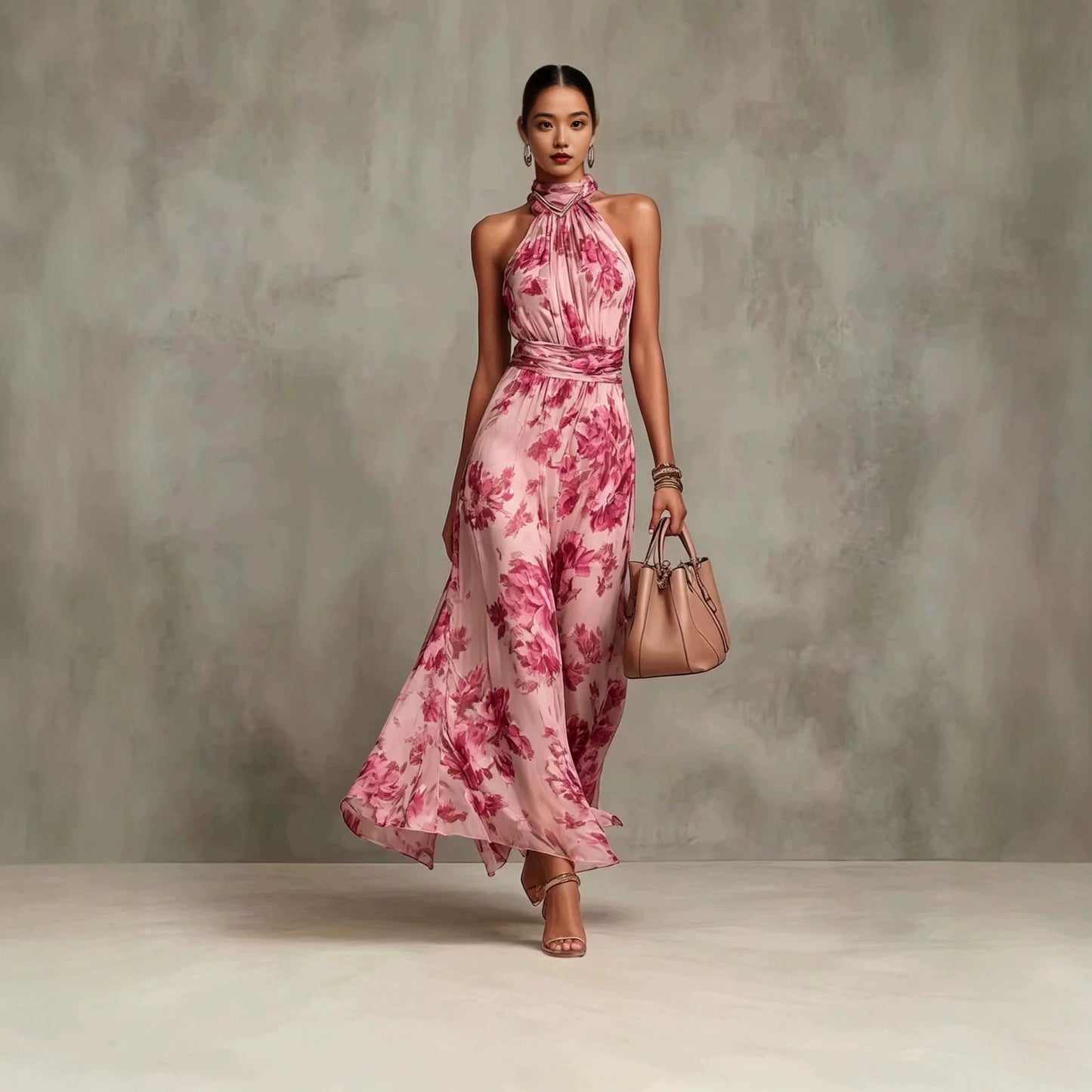 MIRELLE | Geplooide Halter Maxi Jurk