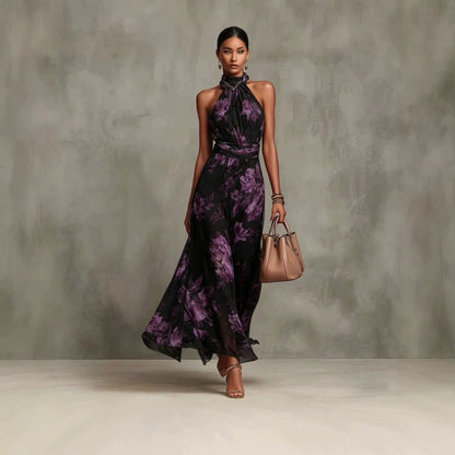 MIRELLE | Geplooide Halter Maxi Jurk