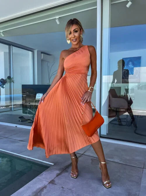 ELLA | One-Shoulder Geplooide Midi Jurk